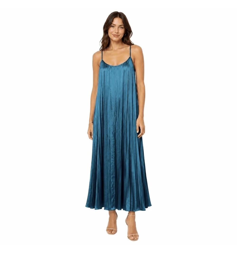 Bishop + Young Mara Pleated Satin Dress Size Small Jasmine Midi Maxi Scoop Neck